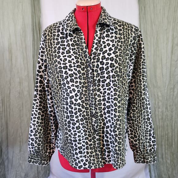 Harmony & Vine Brown and Green Animal Print Button Up Long Sleeve Blouse Size L - Picture 1 of 5